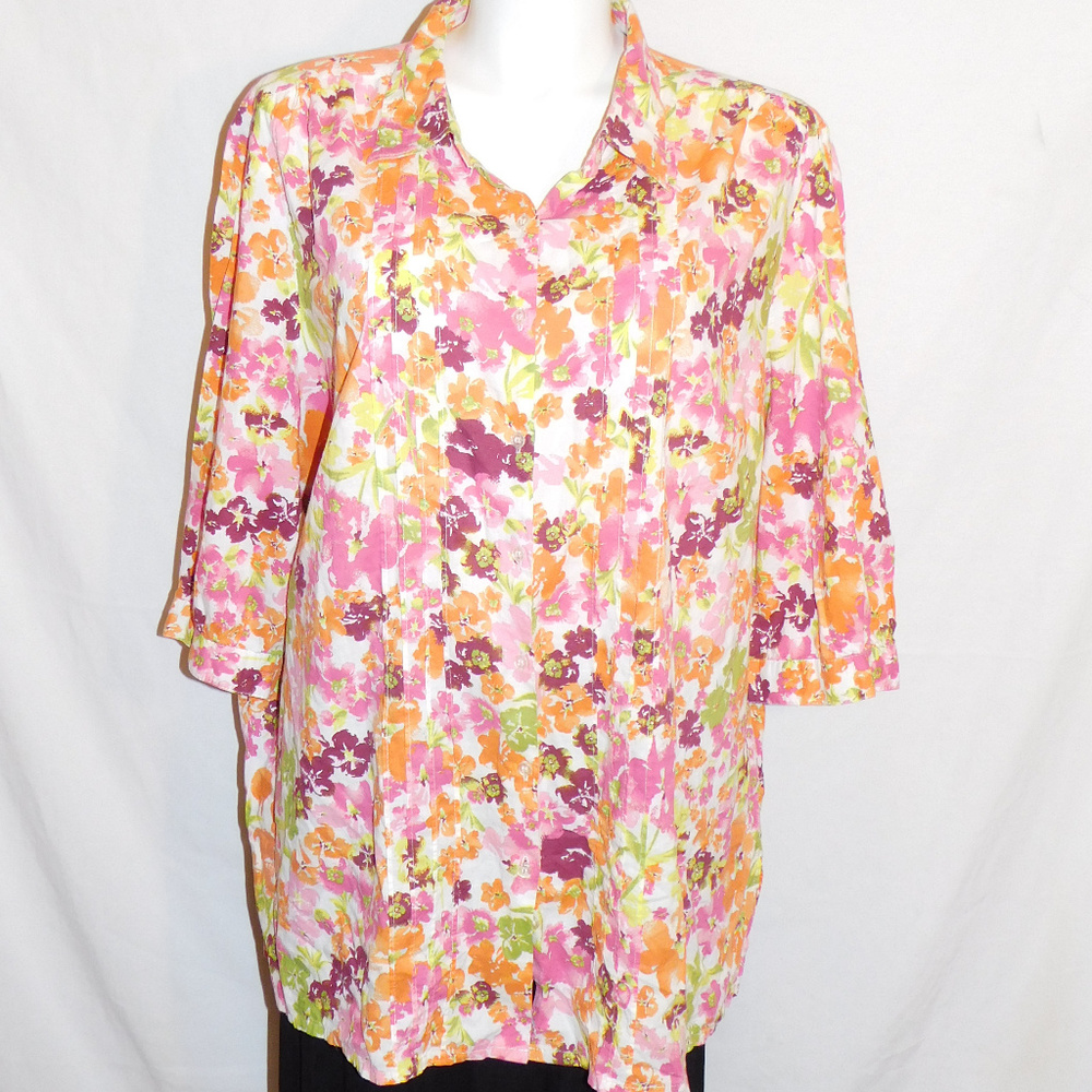 3X Only Necessities Pink Green White Flora Top EUC